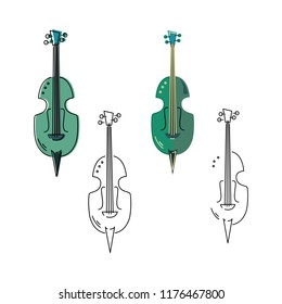 Vector set with icons of violin or contrabass isolated on white background. Flat and line design.