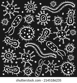 Vector set icons with viruses. Doodle vector with viruses icons on black background