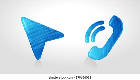 Vector set of icons for web, painted blue arrow and phone