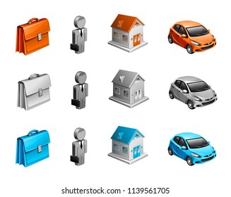vector set of icons for web reviews contain a man's car in a suit and a house layout