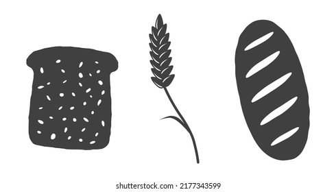 Los vectores ponen iconos de la oreja de trigo y el pan. Ilustración vectorial de la oreja y el pan de trigo.