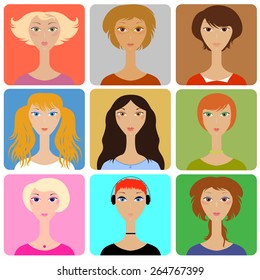 vector set of icons with women's faces