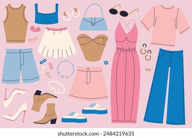 Vector set of icons of women's summer clothes