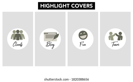 Juego de vectores de íconos y palabras para las portadas destacadas de los medios sociales. Diseñar plantillas para el estilo de vida, blog. Clientes, Blog, Diversión, Equipo. Tones de la Tierra.