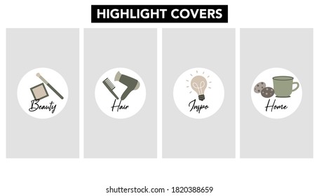 Vector set of icons and words for social media story highlight covers. Design templates for lifestyle, blog. Beauty, Hair, Inspo, Home. Earth Tones.