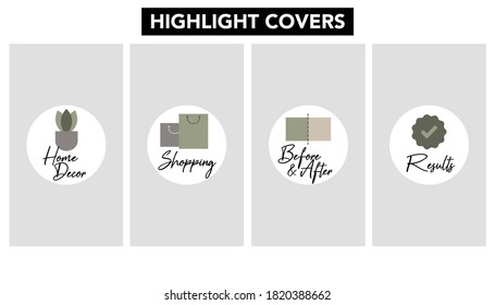 Vector Set Of Icons And Words For Social Media Story Highlight Covers. Design Templates For Lifestyle, Blog. Home Decor, Shopping, Before And After, Results. Earth Tones.