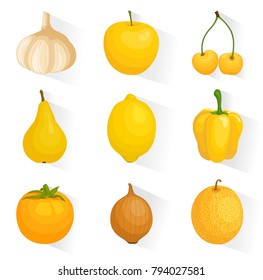 Vector set of icons of yellow vegetables, fruits and berries. A collection of elements for design.