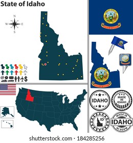 Vector set of Idaho state with flag and icons on white background
