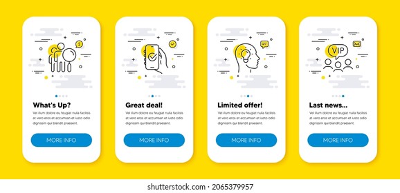 Vector set of Idea head, Search people and Approved app line icons set. UI phone app screens with line icons. Vip clients icon. Lightbulb, Find employee, Confirm smartphone. Vector