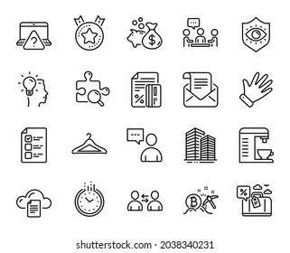 Vector set of Idea, Mail newsletter and Travel loan line icons set. Hand, Users chat and Online question icons. Loan, Credit card and Eye protection signs. Idea web symbol. Vector