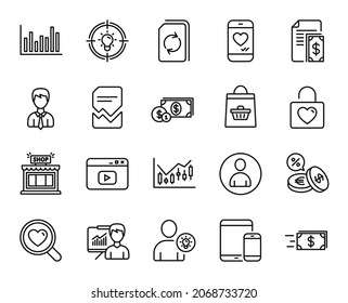 Vector Set Of Idea, Payment And Video Content Line Icons Set. Bar Diagram, Businessman And Currency Exchange Icons. Money Transfer, Wedding Locker And Love Chat Signs. Idea Web Symbol. Vector