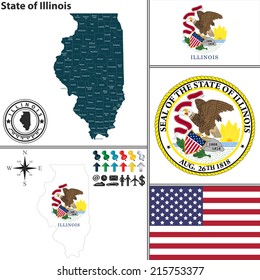 Vector set of Illinois state with flag and icons on white background