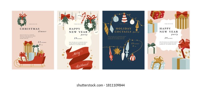 Vector set of illustartion design for Christmas greetings card or party invitation. Xmas decorations