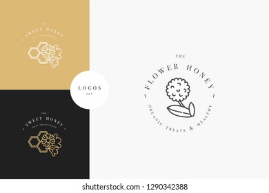 Vector set illustartion logos and design templates or badges. Organic and eco honey labels and tags with bees. Linear style and golden color