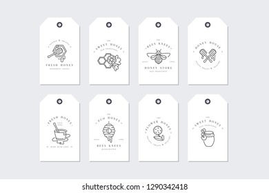Vector set illustartion logos and design templates or badges. Organic and eco honey labels and tags with bees. Linear style