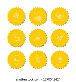 Vector set illustartion logos and design templates or badges. Organic and eco honey labels and tags with bees. Linear style