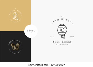 Vector set illustartion logos and design templates or badges. Organic and eco honey labels and tags with bees. Linear style and golden color