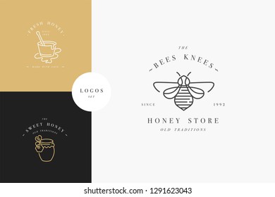 Vector set illustartion logos and design templates or badges. Organic and eco honey labels and tags with bees. Linear style and golden color