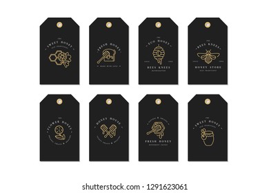 Vector set illustartion logos and design templates or badges. Organic and eco honey labels and tags with bees. Linear style and golden color