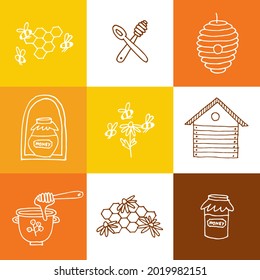 Vector set illustartion logos and design templates or badges. Organic and eco honey labels and tags with bees. Linear style