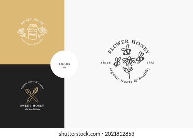 Vector set illustartion logos and design templates or badges. Organic and eco honey labels and tags with bees. Linear style and golden color