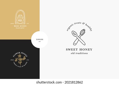 Vector set illustartion logos and design templates or badges. Organic and eco honey labels and tags with bees. Linear style and golden color