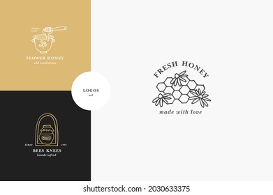 Vector set illustartion logos and design templates or badges. Organic and eco honey labels and tags with bees. Linear style and golden color