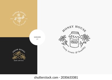 Vector set illustartion logos and design templates or badges. Organic and eco honey labels and tags with bees. Linear style and golden color
