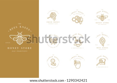 Vector set illustartion logos and design templates or badges. Organic and eco honey labels and tags with bees. Linear style and golden color