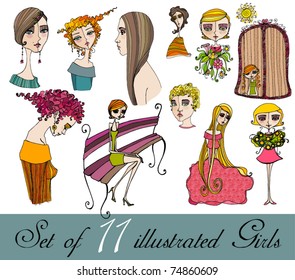 vector set of illustrated cute girls