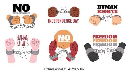 Vector set of illustrated fists breaking chains, symbolizing anti-exploitation and freedom themes, with phrases on human rights.