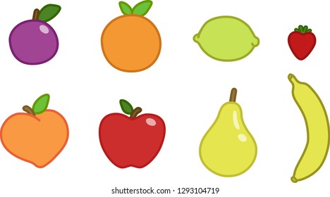 Vector set of illustrated fruits: plum, orange, lemon, strawberry, peach, apple, pear, banana.