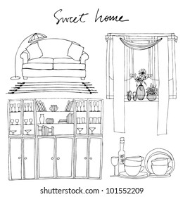 vector set of  illustrated  interior elements | bookshelf, dishes, flowers, window