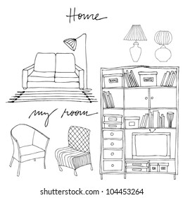 vector set of illustrated interior elements | bookshelf, sofa, lamp, couch