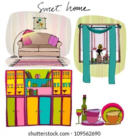 vector set of illustrated interior elements | bookshelf, dishes, flowers, window