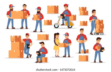 Vector set illustrating highlights of delivery services: counting price, checking order, transportation parcels with movers, loaders, motor scooter, cart, courier to client. Cartoon isolated on white.