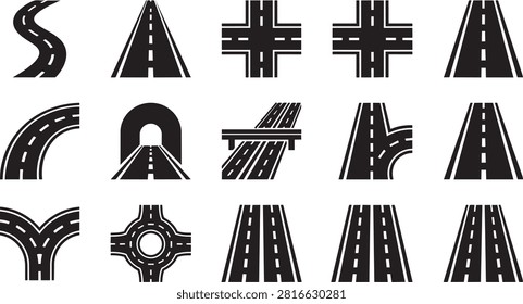 Vector set illustrating various road junctions and straightaways ideal for logistics and infrastructure themes.