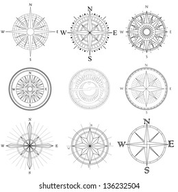 Vector Set Illustration Of Abstract Artistic Drawings Compass For Area Map.