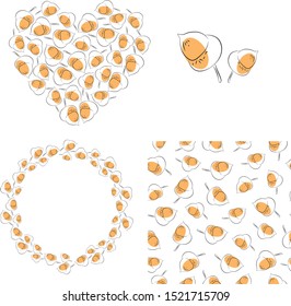 Vector set of illustration acorns-frame, heart, logo, seamless pattern. Black outline on white background. Forest, autumn. Design for Wallpaper, fabric, prints.
