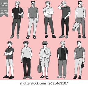 Vector set of illustration Adult male in casual look drawing in monotone cartoon minimal style black mark drawing