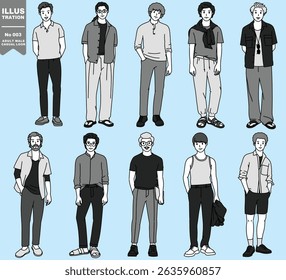 Vector set of illustration, Adult male in casual look, drawing in monotone cartoon, minimal style, black mark drawing	