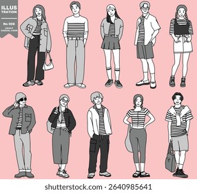Vector set, illustration of adult people, drawing of a cartoon, striped T-shirt, comic avatar woman, cute model man, street fashion