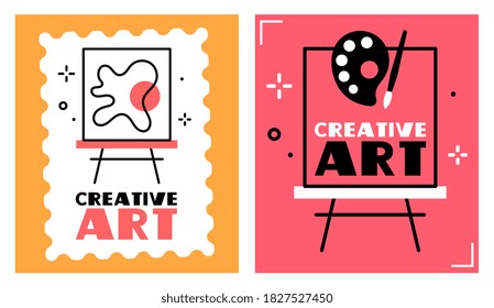 Vector set of illustration of a artist easel with abstraction and paintbrush with palette in frame