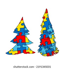 Vector set illustration autism therapy ABA. Illustration of Christmas trees in puzzles as a blank for designers, logo, icon, social therapy
