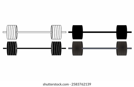 Vector set illustration of a barbell in outline, silhouette, and 3D styles. Ideal for gym, fitness, weightlifting, bodybuilding, workout, sports, and strength training designs.