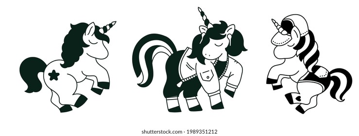 Vector set of illustration of beautiful black and white unicorn with horn and mane on white color background, line art style