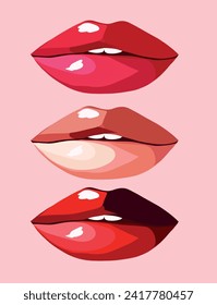 Ilustración vectorial de hermosos labios jugosos brillantes sobre un suave fondo de paleta de tendencia. Moda de maquillaje, amor, estilo, color de tendencia