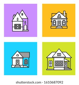 Vector set of illustration of beautiful building on color background. Line art style creative design of country cottage for web, site, banner, poster, card