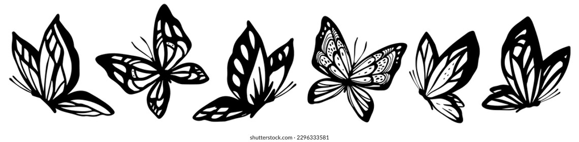 Conjunto vectorial de la ilustración de una hermosa mariposa diferente con el ala sobre fondo de color blanco. Diseño de estilo de arte de línea plana de mariposa voladora en blanco y negro para web, banner, afiche, impresión