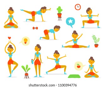 Vector set of illustration of a beautiful fitness girl in different pose with dumbbell, water, apple on white background. Hand drawn flat style girl for web, site, card, t-shirt print, 